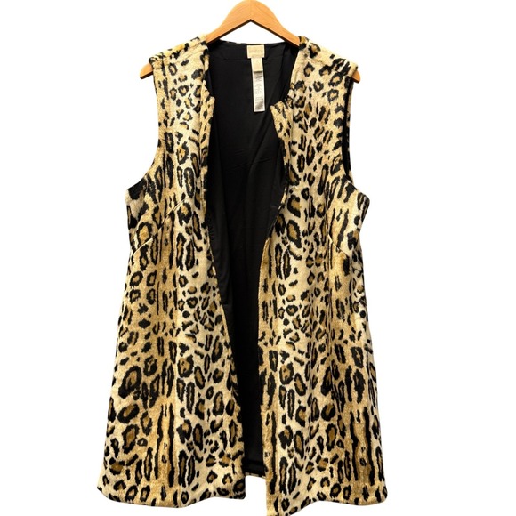 Chico's Jackets & Blazers - Chico's Vest Womens XL Faux Fur Open Jacket Long Comfy Leopard Print Side Slits
